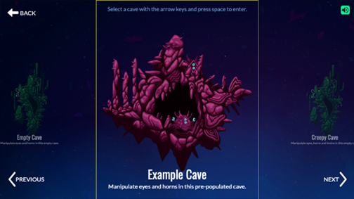 Creature Caverns screenshot of cave level screen with Example Cave selected.